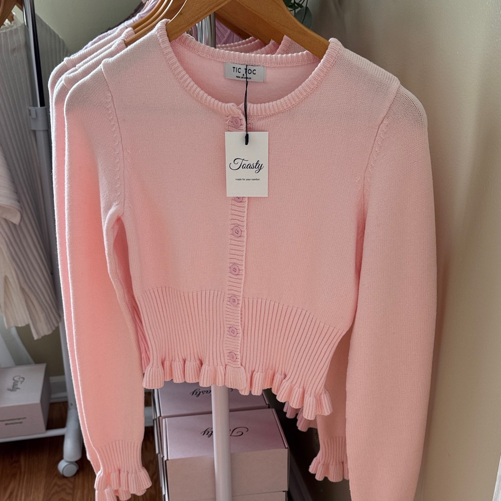 Teaby Pink Ruffle Cardigan Sweater